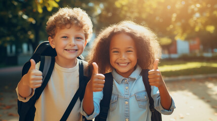 Elementary smiling happy children doing thumbs up gesture outdoor at school yard, diverse group friendship