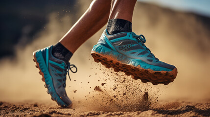 Trail runner sport shoes swiftly Running on a dusty Trail, showing determination and speed - obrazy, fototapety, plakaty