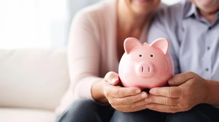Fotobehang Retirement dreams with senior couple's hands holding a pink piggy bank symbolizing their shared commitment to saving for future and retirement pension © Keitma