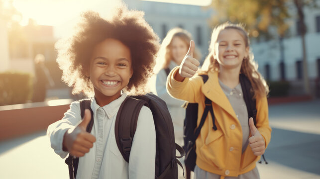 Elementary smiling happy children doing thumbs up gesture outdoor at school yard, diverse group friendship