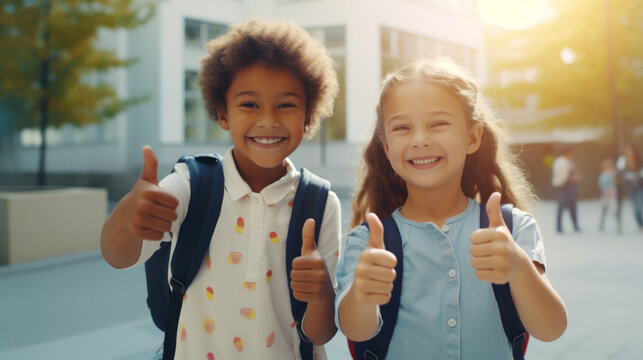 Elementary smiling happy children doing thumbs up gesture outdoor at school yard, diverse group friendship