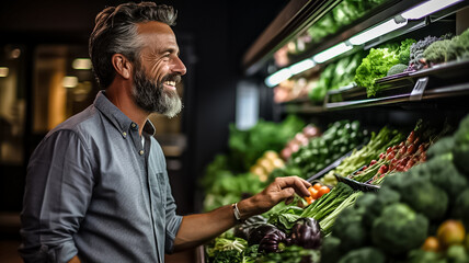 Mature man shopping in grocery store. Side view choosing fresh fruits and vegetables in supermarket. Shopping concept - obrazy, fototapety, plakaty