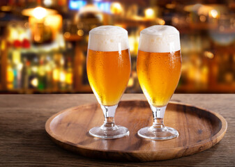 Cold glasses of beer in a bar