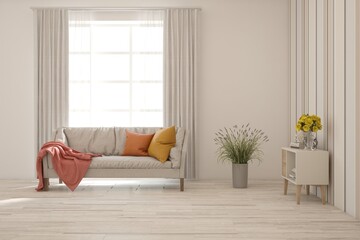 White modern interior design with sofa. Scandinavian interior design. 3D illustration