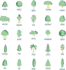 Tree types icons set. Outline illustration of 25 tree types vector icons thin line color flat on white