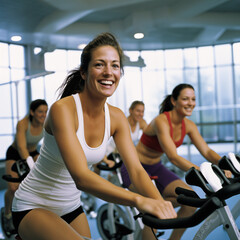 Fototapeta na wymiar multiethnic beautiful fit woman training by riding a bicycle in a gym