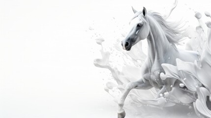 White horse with splashes of milk on white background - obrazy, fototapety, plakaty