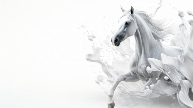 White horse with splashes of milk on white background