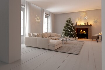 New year tree in scandinavian style interior with christmas decoration. 3D Render - obrazy, fototapety, plakaty