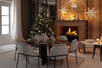 New year tree in scandinavian style interior with christmas decoration. 3D Render