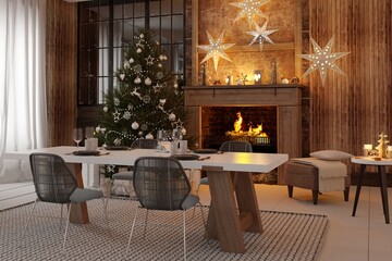 New year tree in scandinavian style interior with christmas decoration. 3D Render