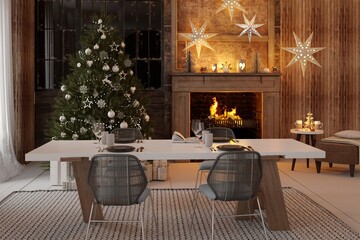 New year tree in scandinavian style interior with christmas decoration. 3D Render