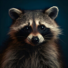 Obraz premium Portrait of a raccoon on a dark blue background. Studio shot.