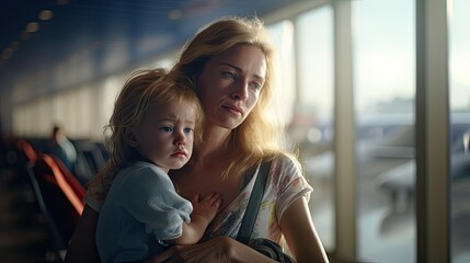 portrait of upset mother with child missed the flight in airport - obrazy, fototapety, plakaty