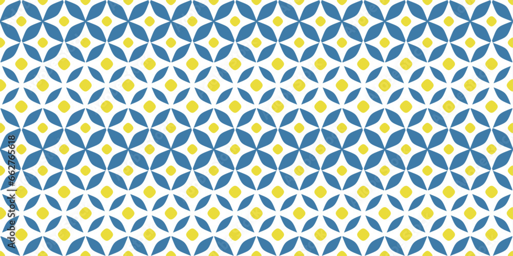 Poster Four-pointed white stars with a yellow center. Seamless simple and repeating pattern.