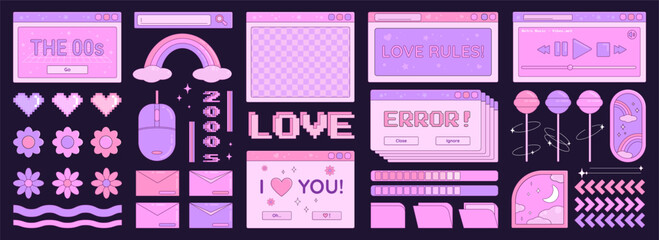 Valentine's Day Y2K set of retro objects, design elements, stickers, computer desktop windows, mp3 player, lollipops, flower and pixel heart symbols. Vector illustration.