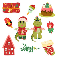 Happy new year set 2024 with cute dragons. Vector set of holiday icons: christmas cake, sweets, сhristmas sock, gift. Kids illustration for Christmas time. Scrapbook collection. Winter greeting card. 