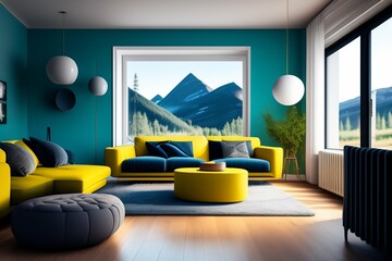 Swedish-inspired living room: minimalist furniture, neon "PH" sign, juxtaposed with a vast window revealing cosmic planets and mountainous terrains. A blend of earthy and extraterrestrial aesthetics.