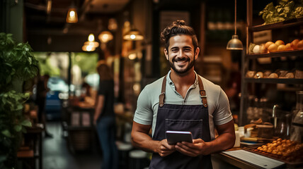 Fototapeta premium Portrait of happy man standing at doorway of her store. Cheerful mature waitress waiting for clients at coffee shop with didital tablet. Successful small business owner Generative ai