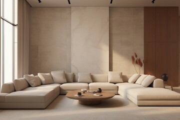 Sleek Tranquility: Modern Living Room with Minimalistic Interior Design with beiges and brown color schemes