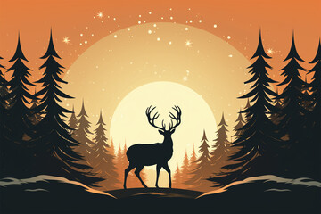 Christmas illustration of a deer in winter