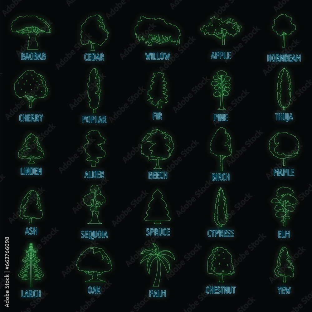 Aufkleber tree types icons set. outline illustration of 25 tree types vector icons neon color on black