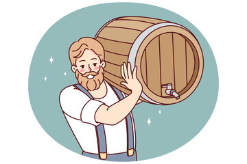 Bearded man carrying beer barrel. Smiling male barmen or waiter holding cask with alcoholic drink. Vector illustration.