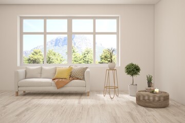 Modern interior concept with sofa and summer landscape in window. 3D illustration