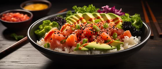 Foto op Plexiglas Hawaiian Poke Bowl with Tuna, Salmon, Shrimp, and Avocado © Custom Media
