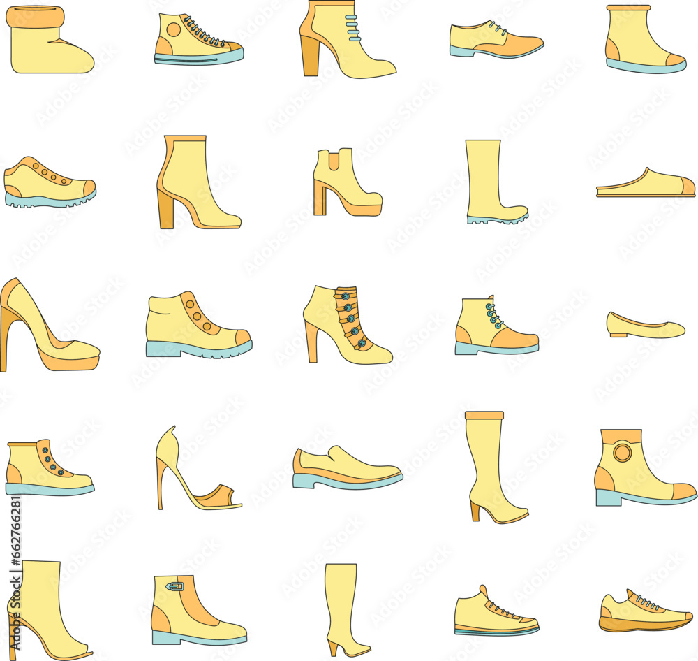 Sticker Footwear shoes icon set. Outline illustration of 25 footwear shoes vector icons thin line color flat on white