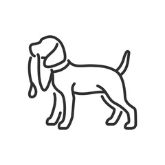 Dog with a leash in his teeth, linear icon. Dog wants to go for a walk. Line with editable stroke