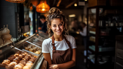 Fototapeta na wymiar Portrait of a happy woman standing on the doorstep of her shop. Cheerful young saleswoman is waiting for bakery customers. A successful small business owner Generative Ai