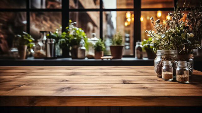 Empty Wooden Tabletop, Bokeh View Of Modern Kitchen Interior. Product And Food Display Generative Ai