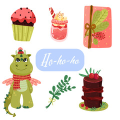 Happy new year set 2024 with cute dragon. Vector set of holiday icons: christmas cake, hot chocolate, sweets, gift. Kids illustration for Christmas time. Scrapbook collection. Winter greeting card. 