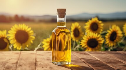 A transparent bottle of oil stands on a wooden table. Against the background of a field of sunflowers. Sunflower oil in a bottle - obrazy, fototapety, plakaty