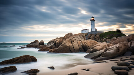 phare de signalisation maritime côtière, bord de mer avec plage et rochers, ciel couvert - obrazy, fototapety, plakaty