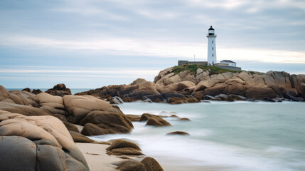 phare de signalisation maritime côtière, bord de mer avec plage et rochers, ciel couvert - obrazy, fototapety, plakaty