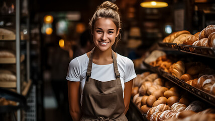 Portrait of a happy woman standing on the doorstep of her shop. Cheerful young saleswoman is waiting for bakery customers. A successful small business owner Generative Ai