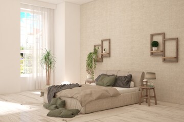 White bedroom concept. Scandinavian interior design. 3D illustration