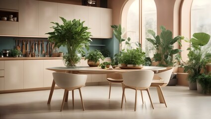Fototapeta na wymiar A Futuristic Kitchen Table with Greenery 3D Render by Carpoforo Tencalla