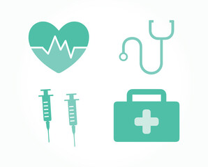 Heart, heartbeat, health, healthy. Medical kit, stethoscope, nurse. Set of syringes, bag. Medicine, hospital, clinic, care, instrument. Emergency, urgency, treatment. Vector, illustration, icon