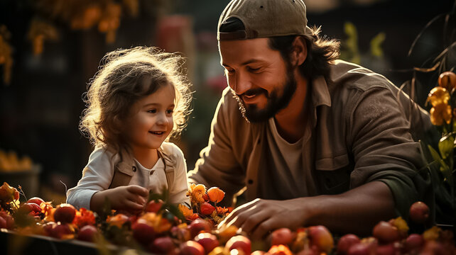 The farmer man and the child harvests a fresh yab of apples Harvesting orchard background. Generative ai