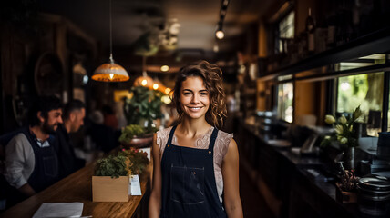 Portrait of happy woman standing at doorway of her store. Cheerful mature waitress waiting for clients at coffee shop with didital tablet. Successful small business owner Generative ai