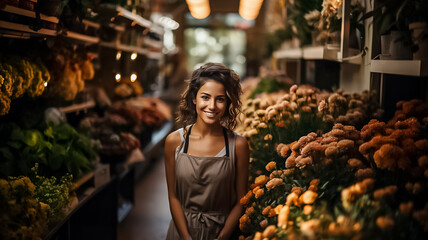 Portrait of a happy woman standing in her flower shop. Cheerful young saleswoman is waiting for customers of the flower shop. successful small business owner in an ordinary gray apron. Generative Ai