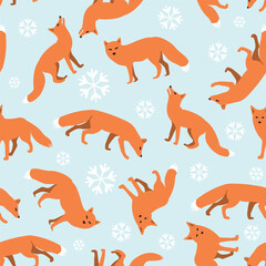 Fox and snowflake seamless pattern with light blue represent an ice background. Winter and christmas concept wrapping paper.
