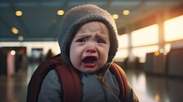 crying child in airport terminal
