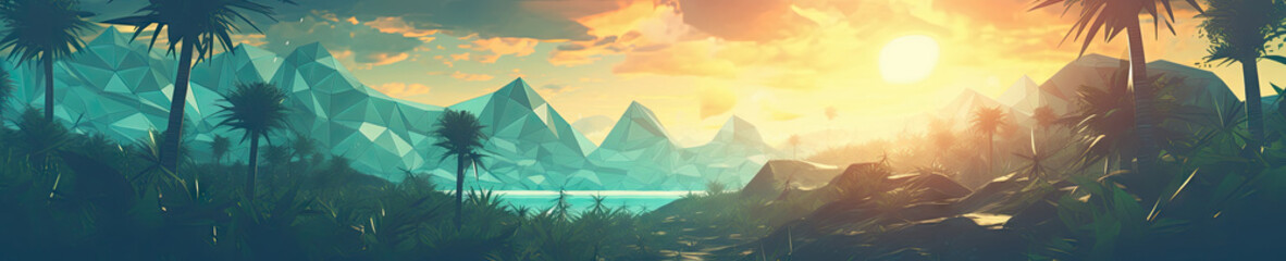 A tranquil polygonal landscape unfolds, with majestic mountains.
