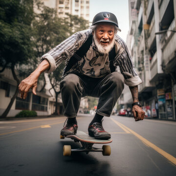 Image of Old Man Riding Skateboard Down a street