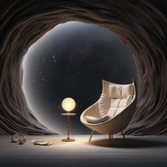 Interior composition in cave with armchair and decor. Ai generated.