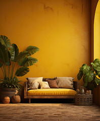 Yellow interior with sofa, tropical plants and decor. Ai generated.